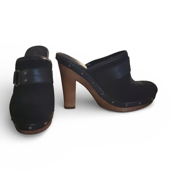 Lauren Ralph Lauren Shoes - Lauren Ralph Lauren Black Suede Leather Wood Heel Clogs Mules Womens Size 6.5M